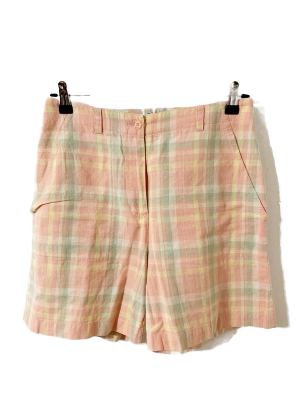 Jones New York Sport Linen Blend Madras Plaid High Waisted Shorts Patch Pockets